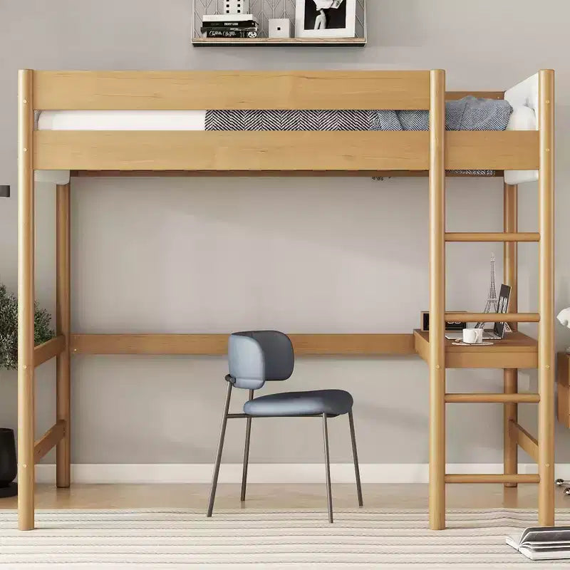 Letto a soppalco singolo in legno di gomma con scrivania e testiera imbottita 79.2''x70.5''
