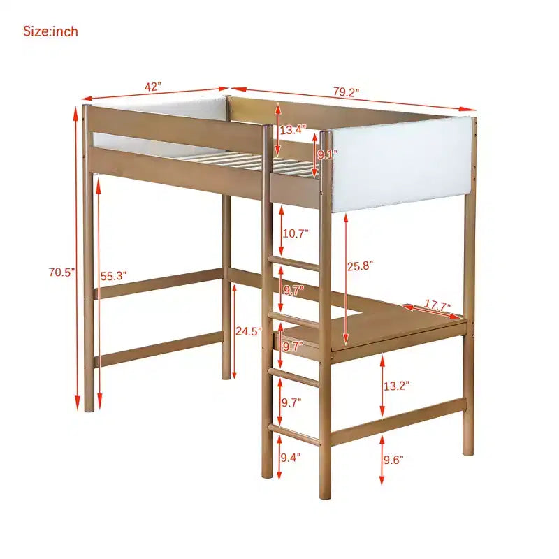 Rubberwood Twin Size Loft Bed with Desk and Upholstered Headboard 79.2''x70.5''