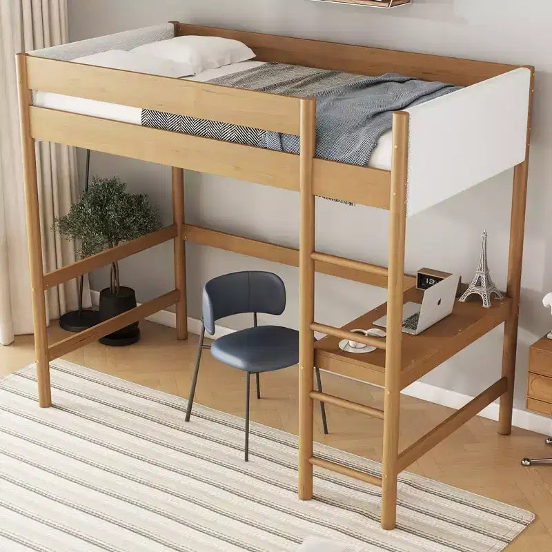 Rubberwood Twin Size Loft Bed with Desk and Upholstered Headboard 79.2''x70.5''