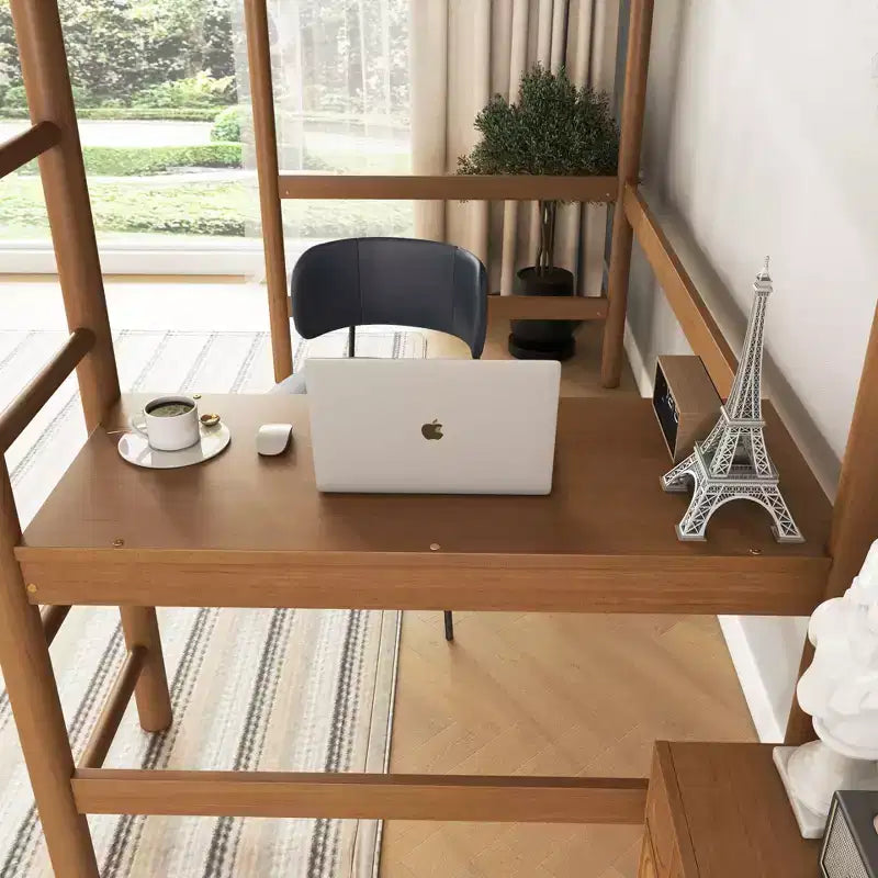 Letto a soppalco singolo in legno di gomma con scrivania e testiera imbottita 79.2''x70.5''
