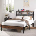 Full/Queen/King Size Platform Bed with Upholstered Headboard, Wooden Platform Bed Frame with Storage and 2 USB, Large Under Bed Storage, Brown