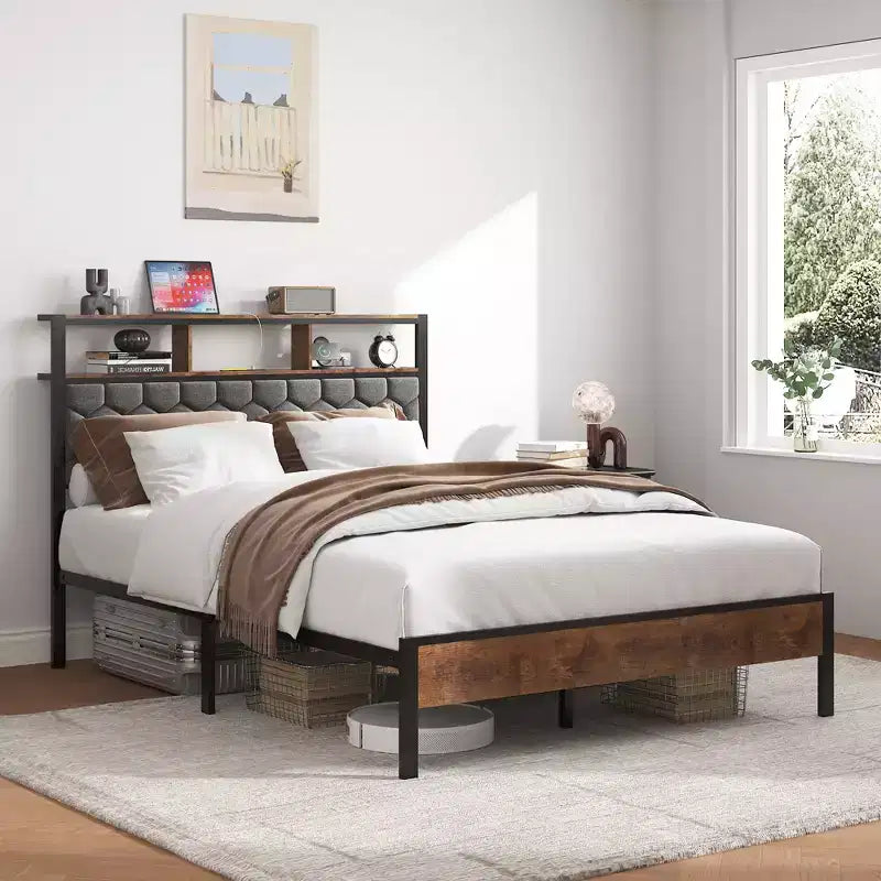 Wood and Metal Platform Bed with Storage and Built-in Charging Station 54.72''x76.52''