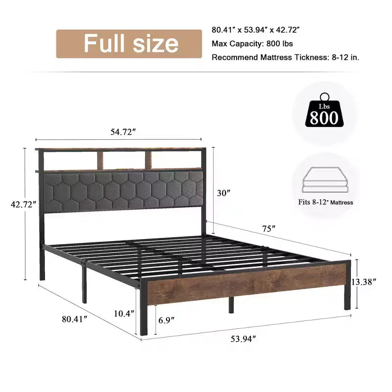 Letto a piattaforma in legno e metallo con contenitore e stazione di ricarica integrata 54.72''x76.52''