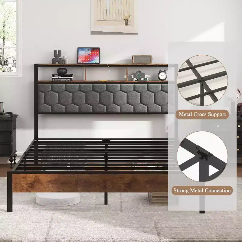 Letto a piattaforma in legno e metallo con contenitore e stazione di ricarica integrata 54.72''x76.52''
