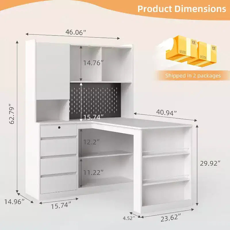 MDF L-Shaped Corner Desk with Charging Station LED Light and Bookshelf 55.9''x46.06''x62.79''