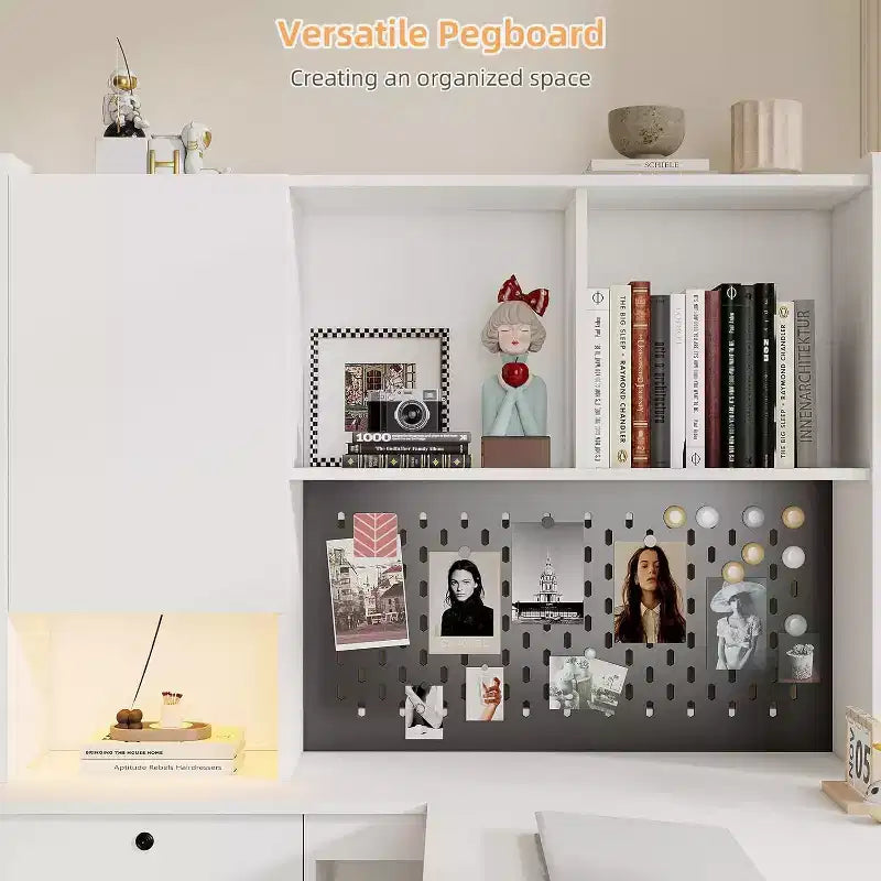 MDF L-Shaped Corner Desk with Charging Station LED Light and Bookshelf 55.9''x46.06''x62.79''