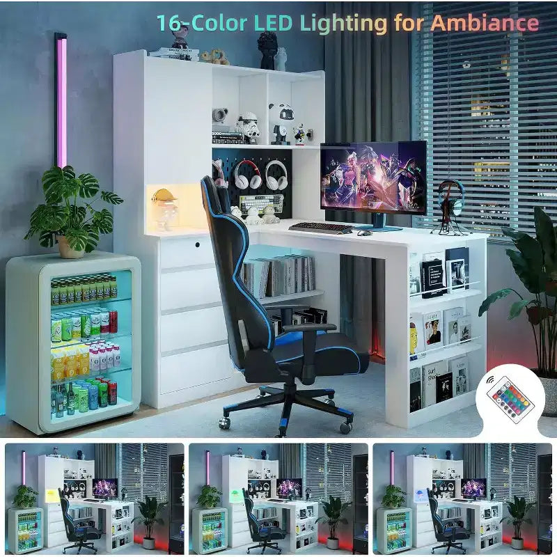 Scrivania angolare a L in MDF con stazione di ricarica, luce LED e libreria 142 x 117 x 159,5 cm