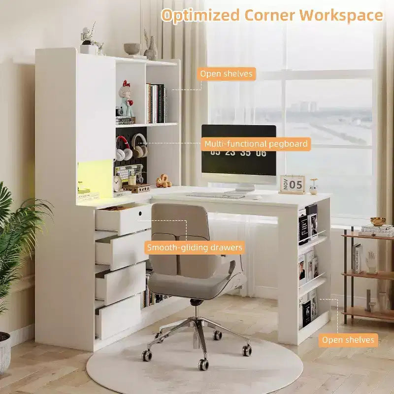 Scrivania angolare a L in MDF con stazione di ricarica, luce LED e libreria 142 x 117 x 159,5 cm