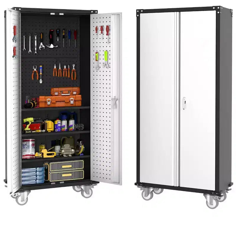 Steel Rolling Tool Cabinet with Lock and Pegboard 4 Adjustable Shelves 72''H