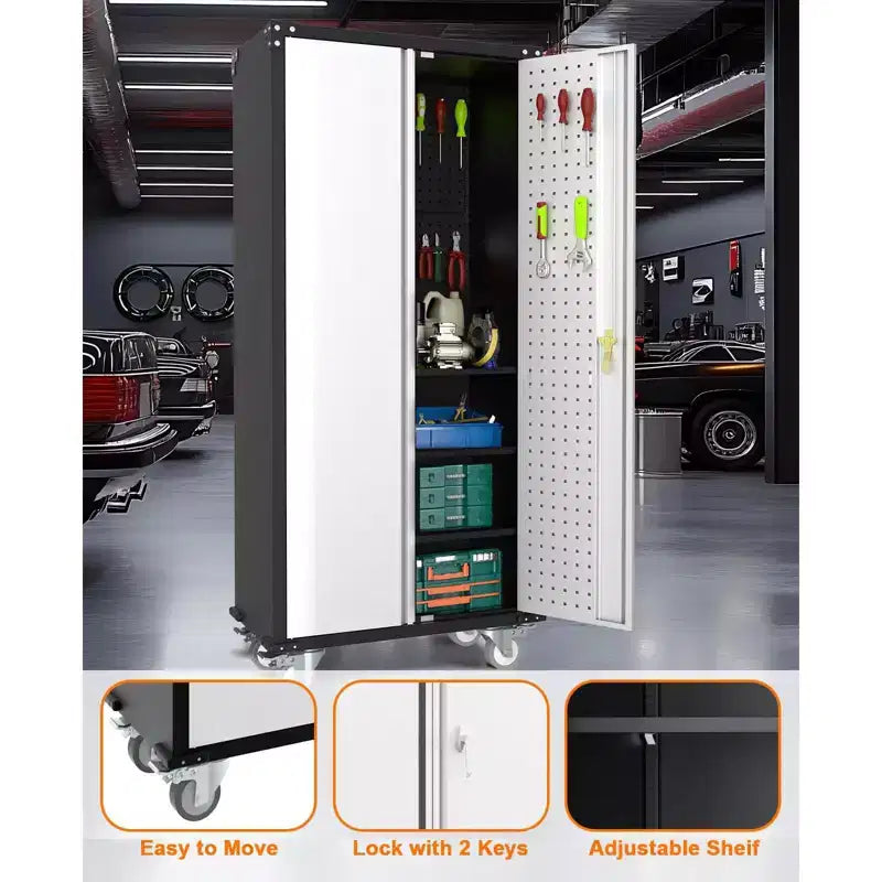 Steel Rolling Tool Cabinet with Lock and Pegboard 4 Adjustable Shelves 72''H