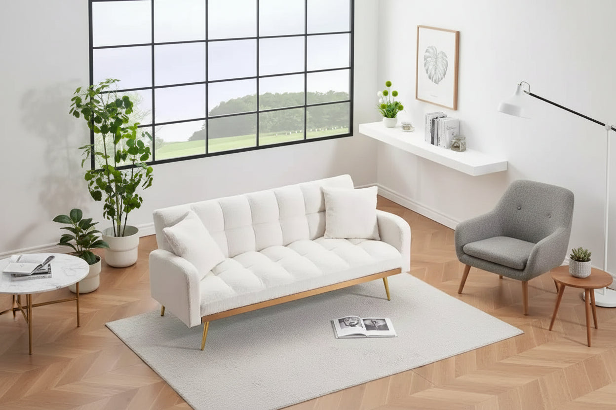 GDFStudio Smin Modern 69 Wooden Teddy Upholstered Sofa Bed with Adjustable Backrest