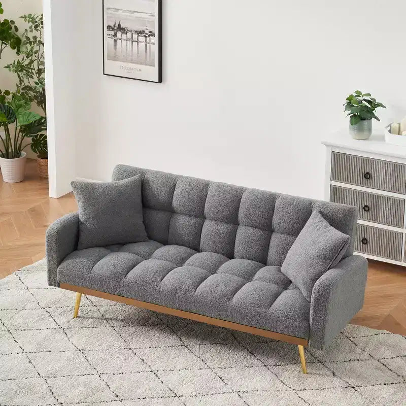 Teddy Fabric Upholstered Sofa Bed Solid Wood Frame Adjustable Backrest 69''x31.3''x30.7''