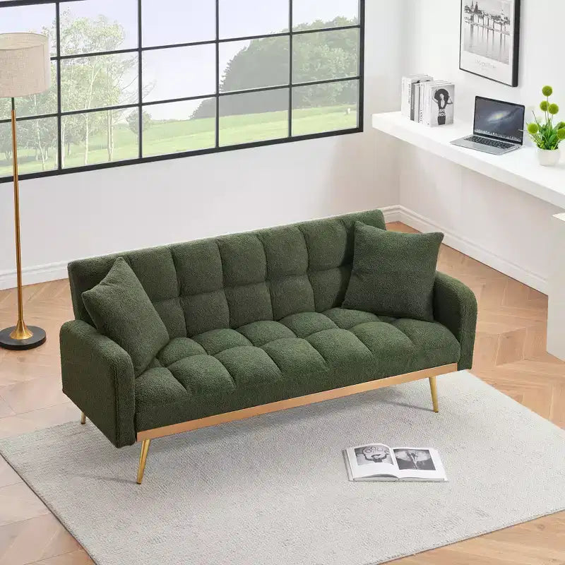Teddy Fabric Upholstered Sofa Bed Solid Wood Frame Adjustable Backrest 69''x31.3''x30.7''