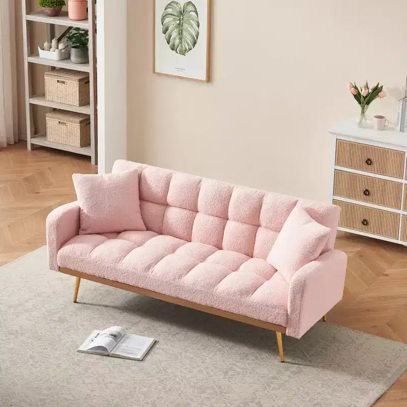 Teddy Fabric Upholstered Sofa Bed Solid Wood Frame Adjustable Backrest 69''x31.3''x30.7''