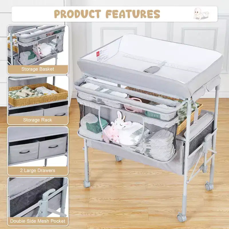 Fasciatoio portatile pieghevole in poliestere con ruote e 2 cassetti 80x61 cm