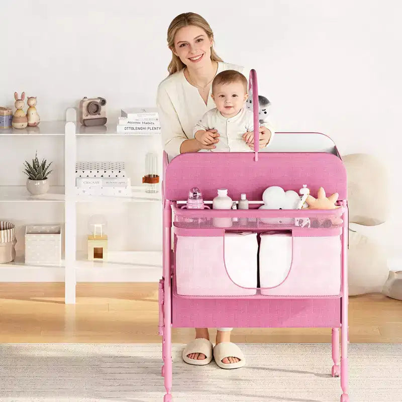 Fasciatoio portatile pieghevole in poliestere con ruote e 2 cassetti 80x61 cm