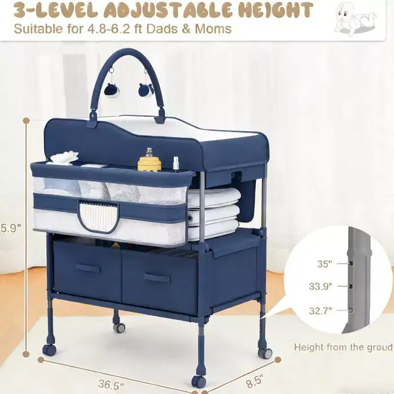 Fasciatoio portatile pieghevole in poliestere con ruote e 2 cassetti 80x61 cm