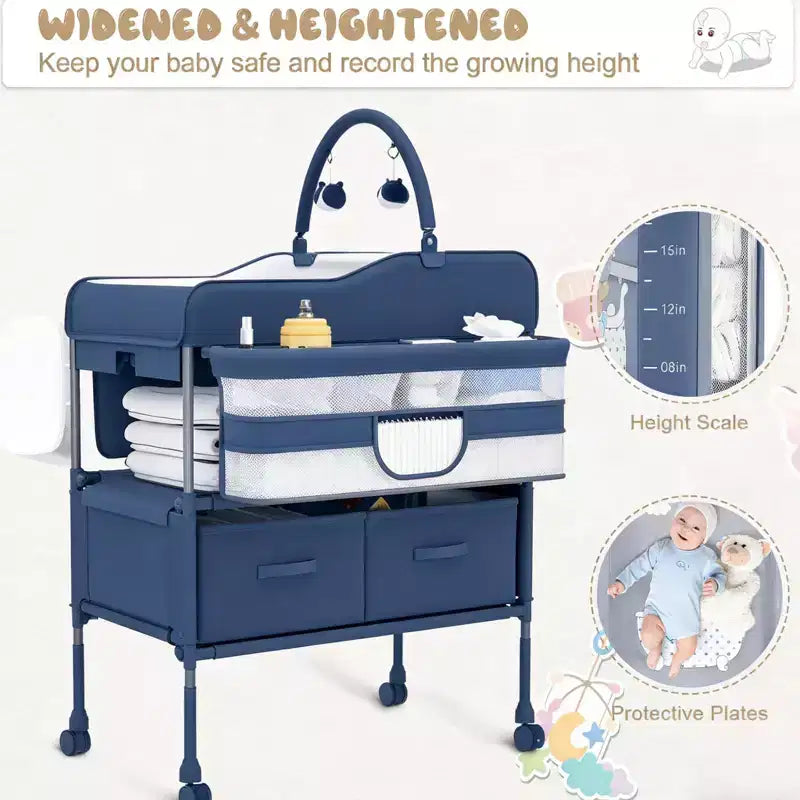Fasciatoio portatile pieghevole in poliestere con ruote e 2 cassetti 80x61 cm