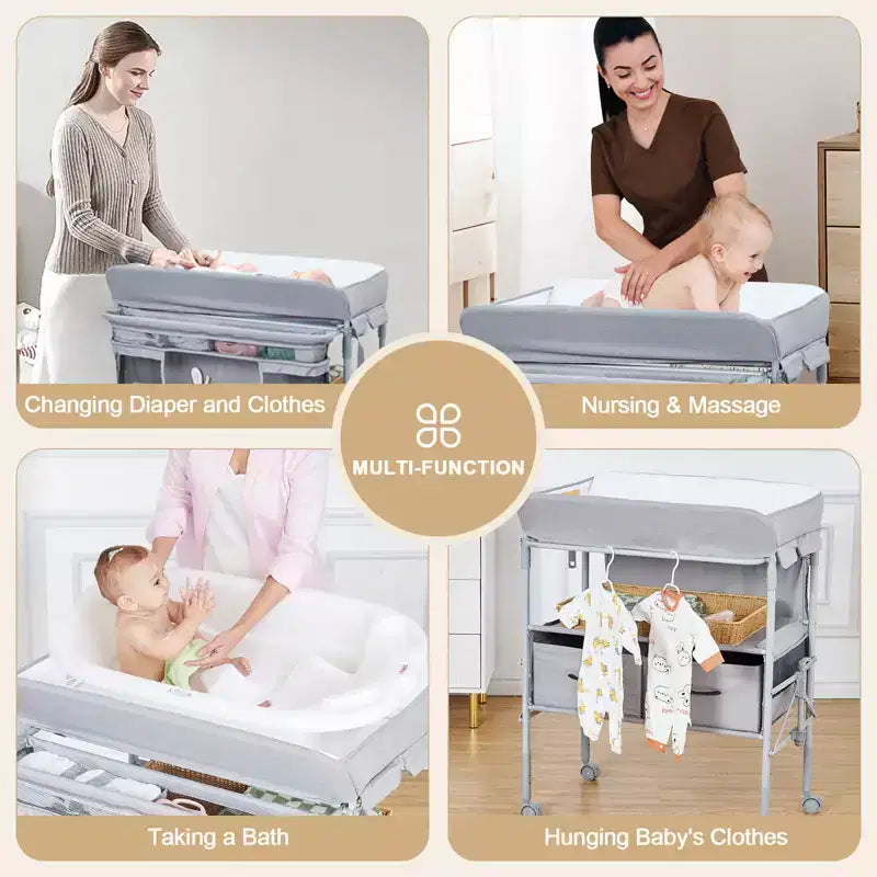 Fasciatoio portatile pieghevole in poliestere con ruote e 2 cassetti 80x61 cm