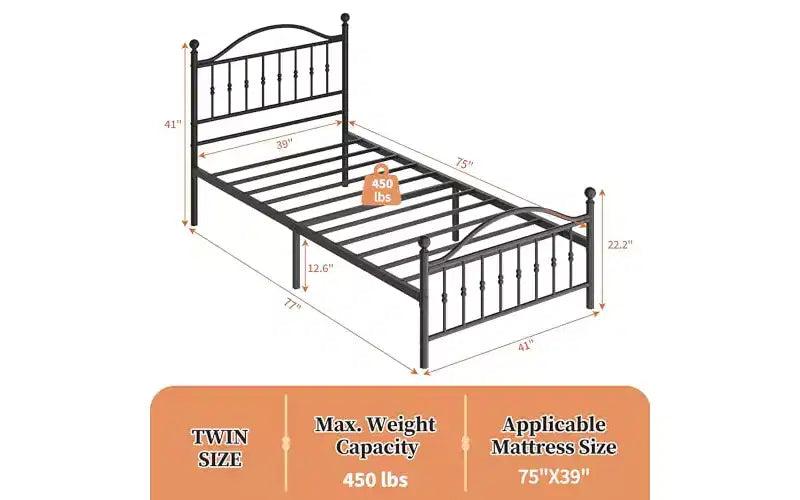 Letto singolo con piattaforma in metallo e testiera vittoriana in ferro battuto 40.94''x77.56''x39.37''