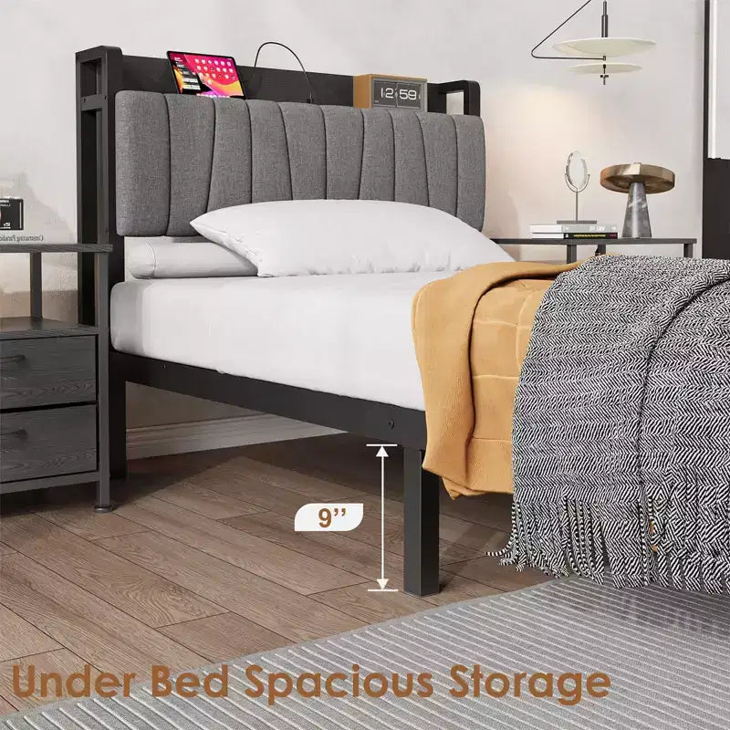 Metal and Wood Upholstered Platform Bed with 2 Storage Drawers and Built-in Charging Station