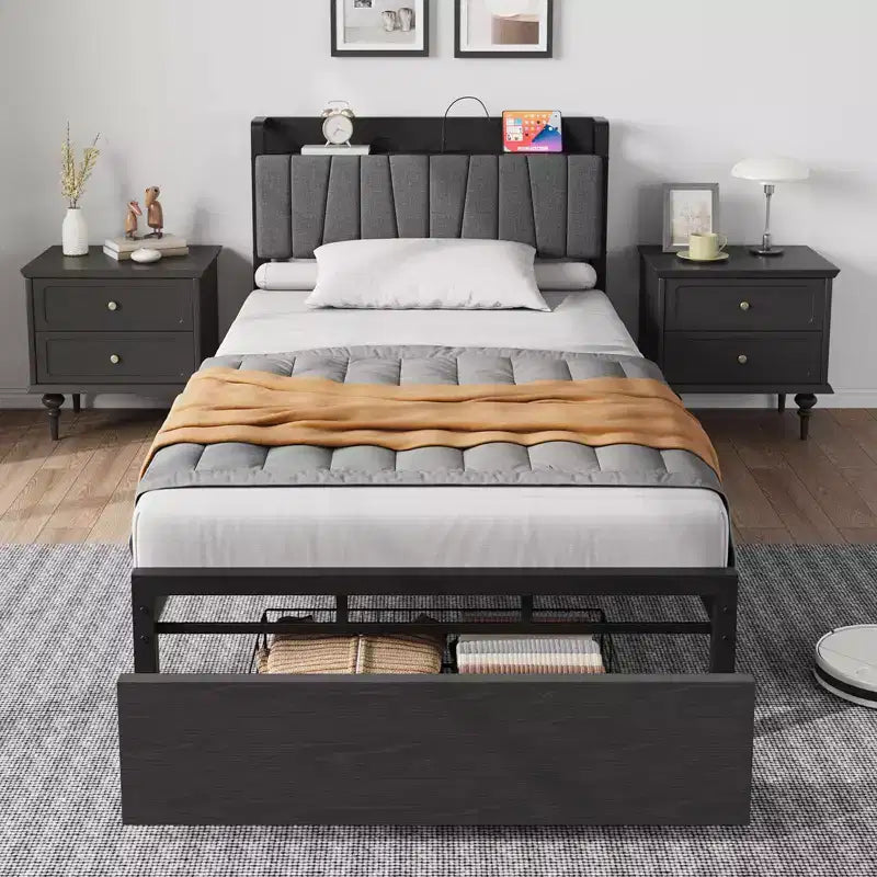 Metal and Wood Upholstered Platform Bed with 2 Storage Drawers and Built-in Charging Station