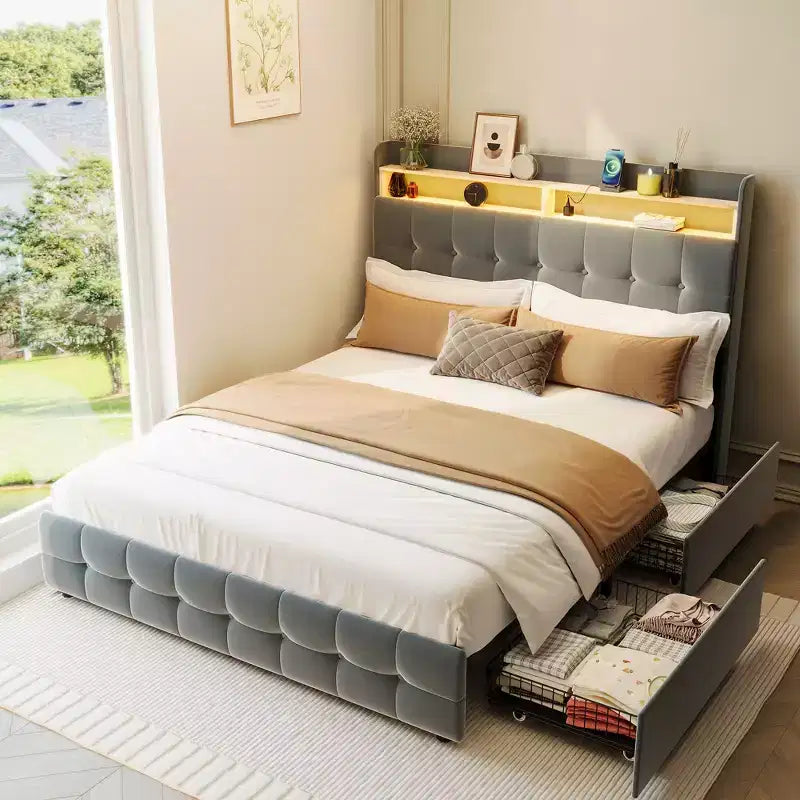 Struttura letto imbottita di dimensioni standard con testiera e 2 cassetti portaoggetti