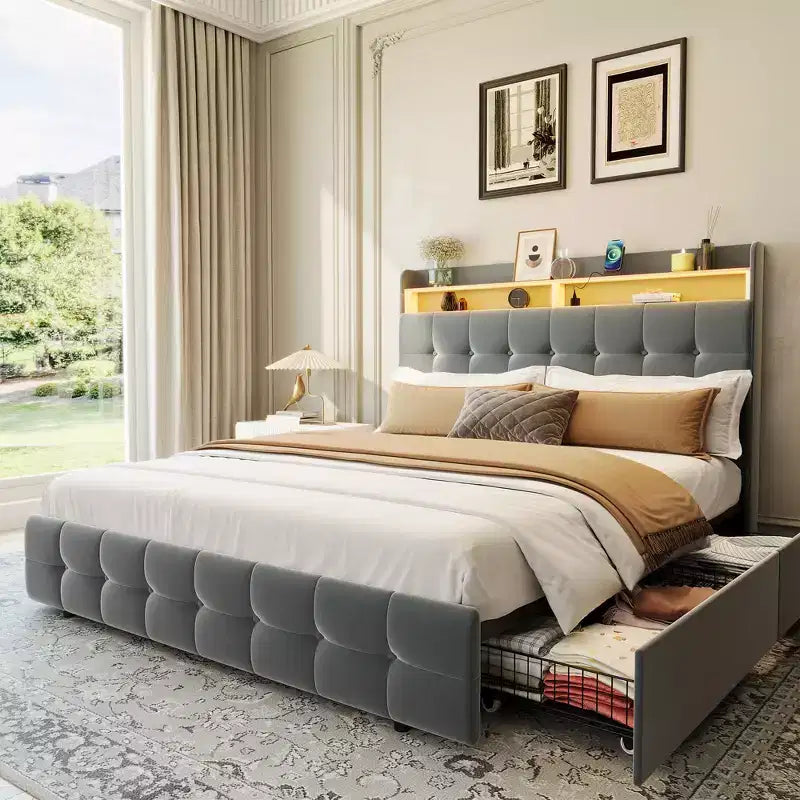 Struttura letto imbottita di dimensioni standard con testiera e 2 cassetti portaoggetti