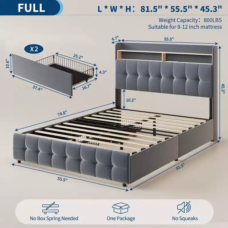 Struttura letto imbottita di dimensioni standard con testiera e 2 cassetti portaoggetti