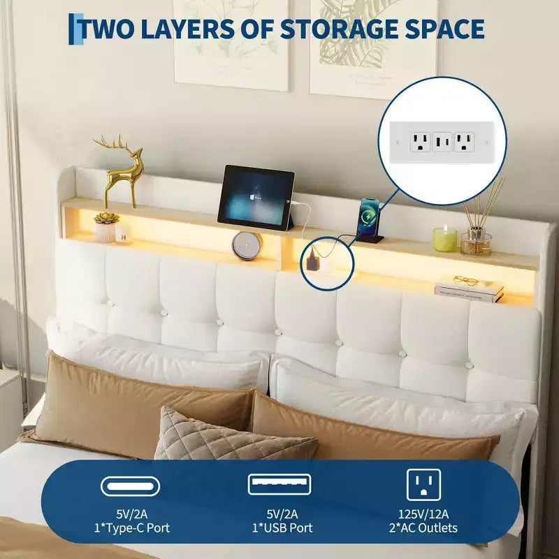Struttura letto imbottita di dimensioni standard con testiera e 2 cassetti portaoggetti