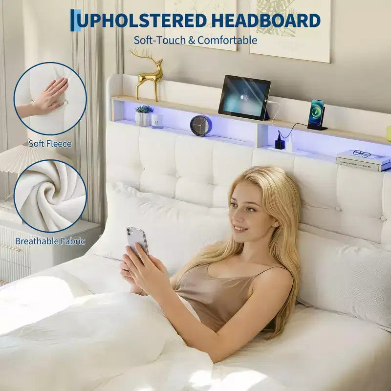 Struttura letto imbottita di dimensioni standard con testiera e 2 cassetti portaoggetti