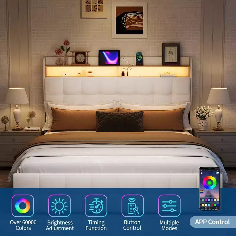 Struttura letto imbottita di dimensioni standard con testiera e 2 cassetti portaoggetti