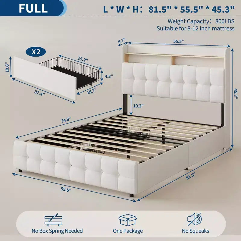Struttura letto imbottita di dimensioni standard con testiera e 2 cassetti portaoggetti