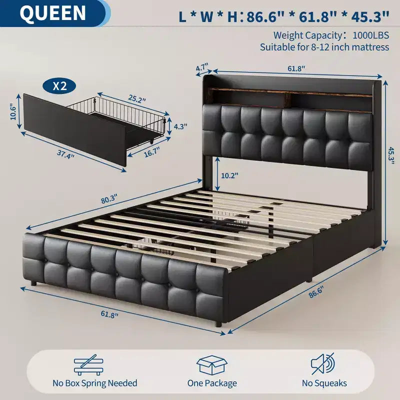 Struttura letto imbottita di dimensioni standard con testiera e 2 cassetti portaoggetti
