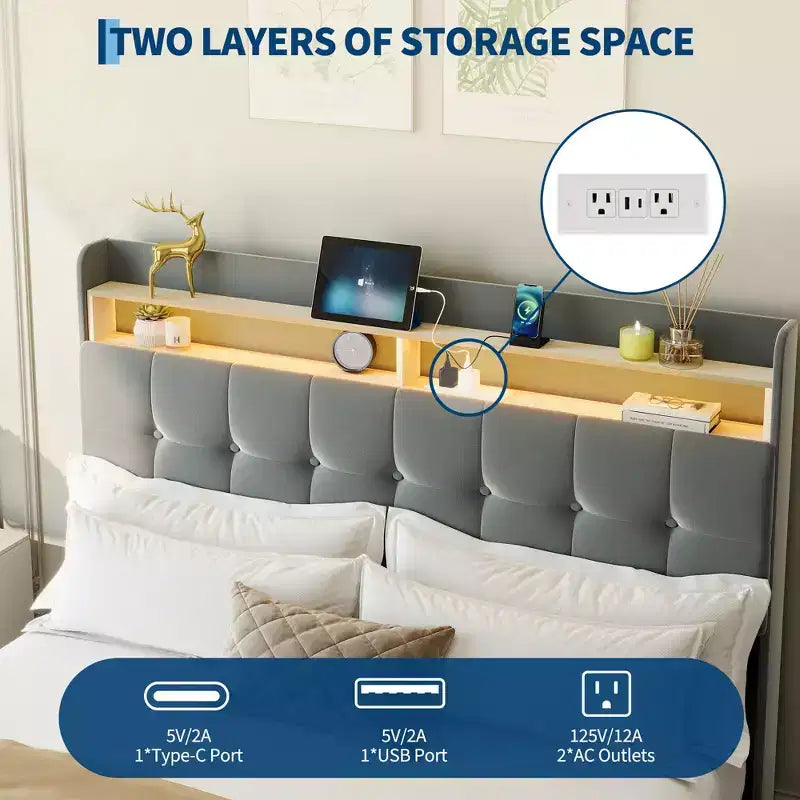 Struttura letto imbottita di dimensioni standard con testiera e 2 cassetti portaoggetti