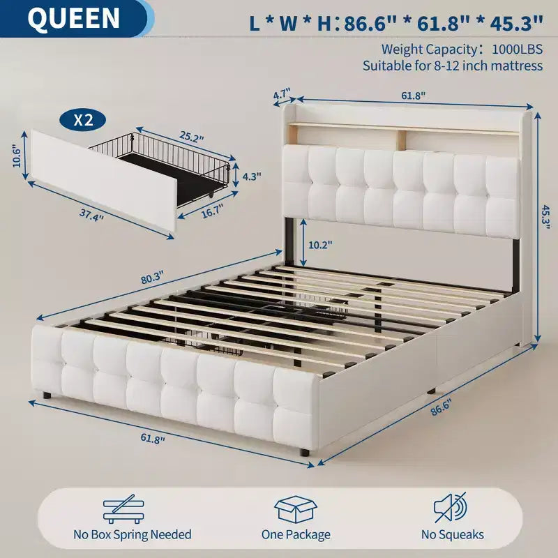 Struttura letto imbottita di dimensioni standard con testiera e 2 cassetti portaoggetti