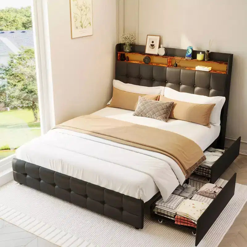 Upholstered Full Size Bed Frame with Headboard and 2 Storage Drawers