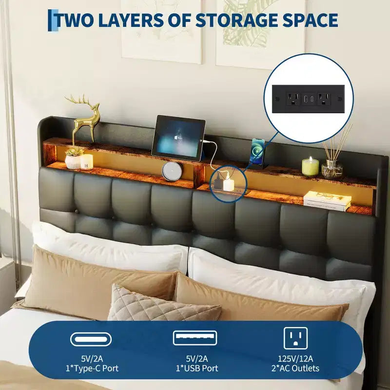 Struttura letto imbottita di dimensioni standard con testiera e 2 cassetti portaoggetti