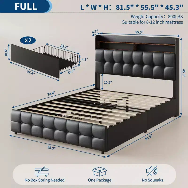 Struttura letto imbottita di dimensioni standard con testiera e 2 cassetti portaoggetti