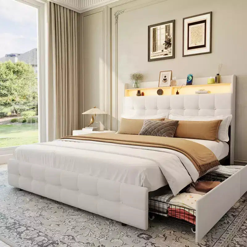 Upholstered Full Size Bed Frame with Headboard and 2 Storage Drawers