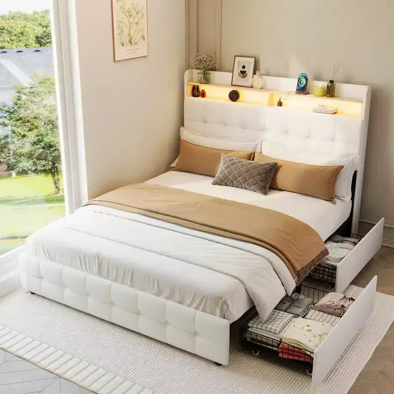 Upholstered Full Size Bed Frame with Headboard and 2 Storage Drawers