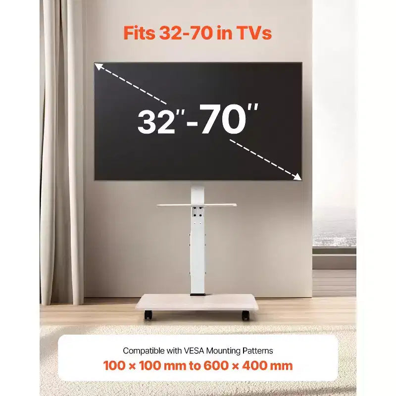 Steel Rolling Mobile TV Cart with Swivel Mount for 32-70 Inch TVs 15''x26''x63.8''