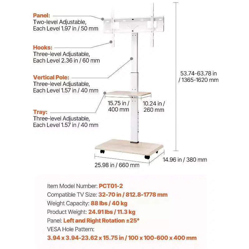 Carrello TV mobile in acciaio con supporto girevole per TV da 32-70 pollici 15''x26''x63.8''