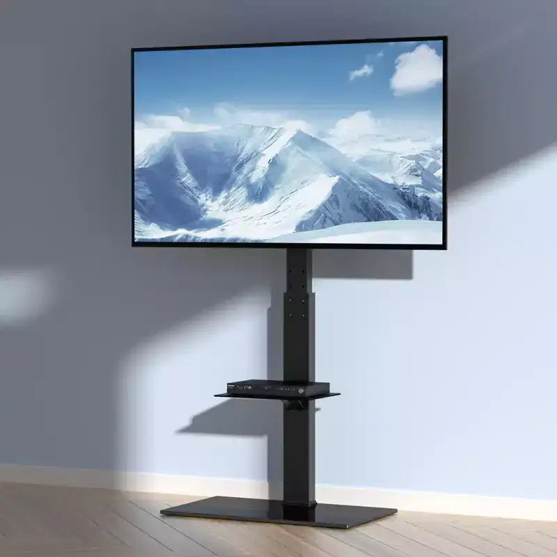 Supporto TV da terra girevole e regolabile in altezza in acciaio con base in vetro temperato per TV da 32-85 pollici