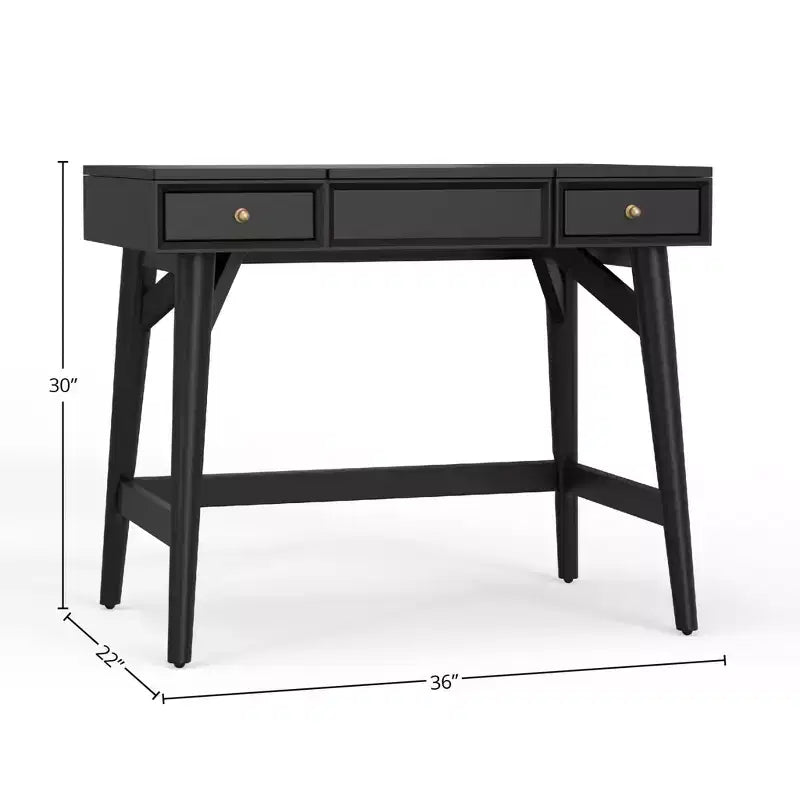 Tavolino da trucco in legno per camera da letto con specchio a ribalta e 2 cassetti foderati in feltro Nero 91x56x76 cm