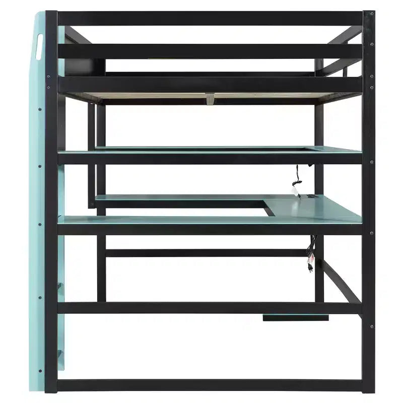 Letto a soppalco da gioco in legno e MDF di dimensioni standard con scrivania illuminata, libreria e prese di ricarica 56.7''x77.8''x66.9''