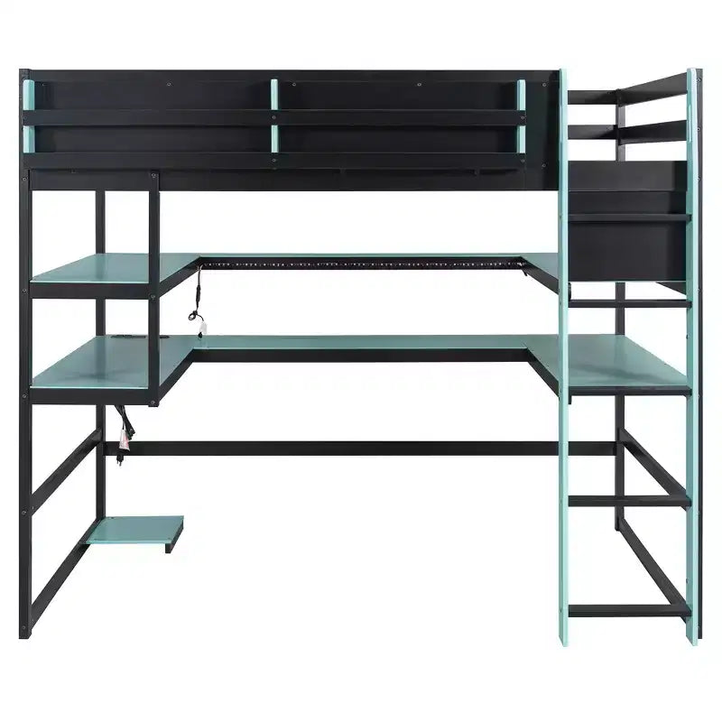 Letto a soppalco da gioco in legno e MDF di dimensioni standard con scrivania illuminata, libreria e prese di ricarica 56.7''x77.8''x66.9''