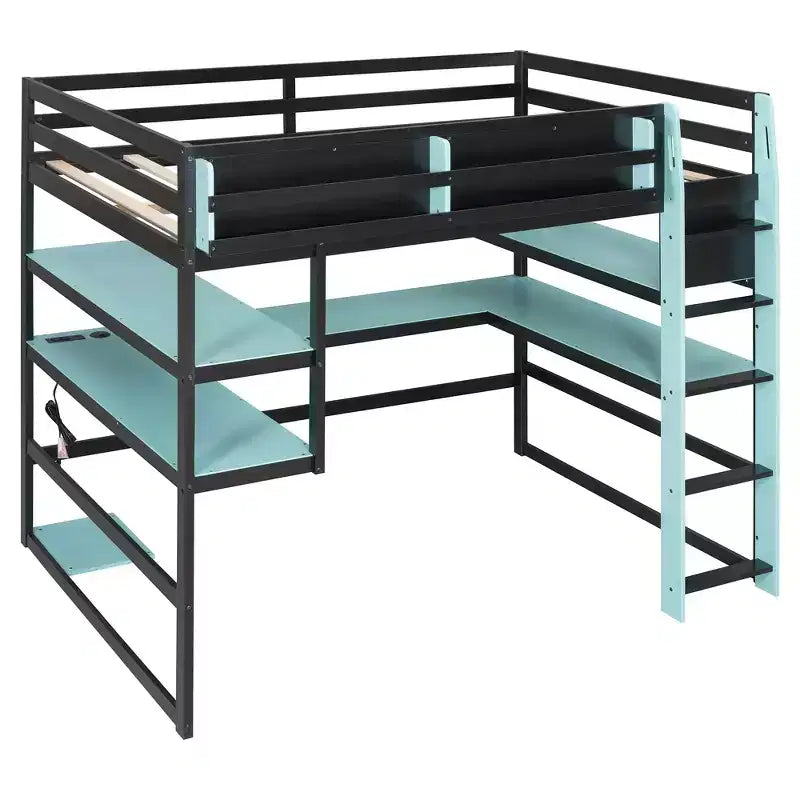 Letto a soppalco da gioco in legno e MDF di dimensioni standard con scrivania illuminata, libreria e prese di ricarica 56.7''x77.8''x66.9''