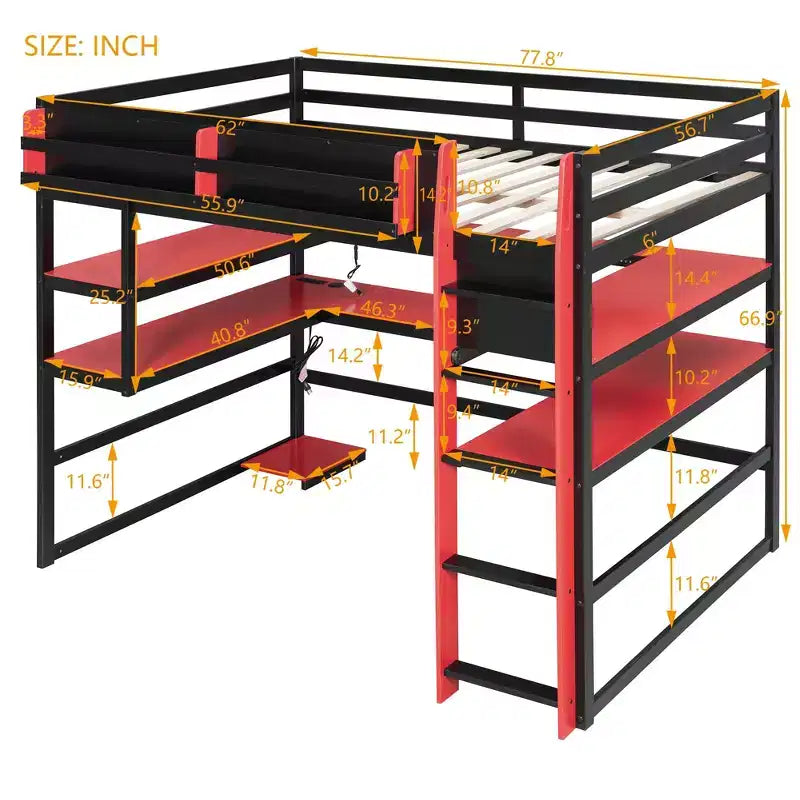 Wood and MDF Full Size Gaming Loft Bed with Lighted Desk Bookcase and Charging Outlets 56.7''x77.8''x66.9''
