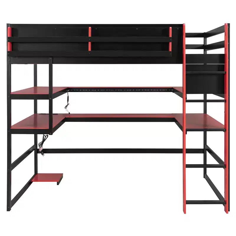 Wood and MDF Full Size Gaming Loft Bed with Lighted Desk Bookcase and Charging Outlets 56.7''x77.8''x66.9''